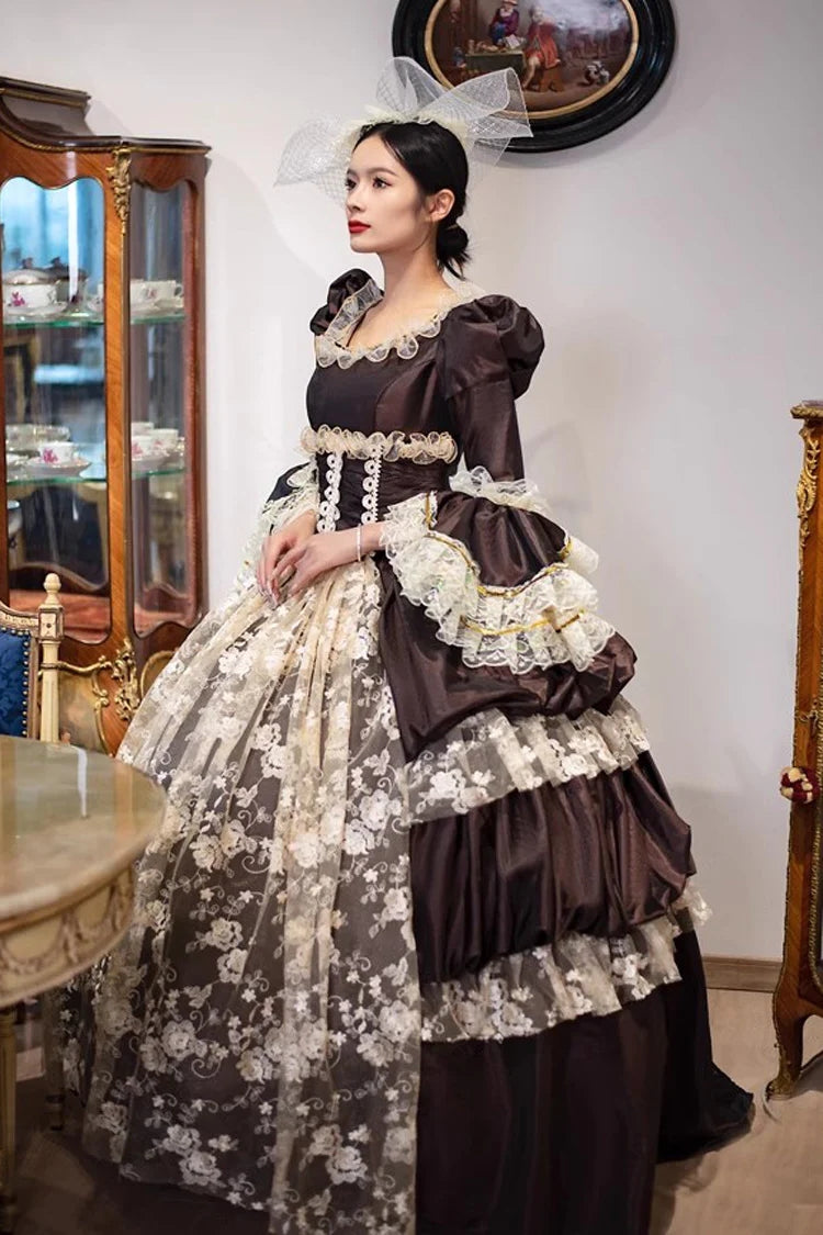 Gothic Lolita Dress - Dark Pattern Print Medieval, Brown, Long Length, Printed - additional product view 5