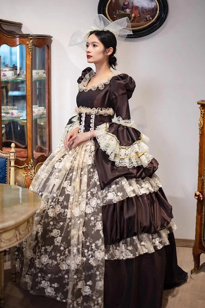 Gothic Lolita Dress - Dark Pattern Print Medieval, Brown, Long Length, Printed - additional product view 5