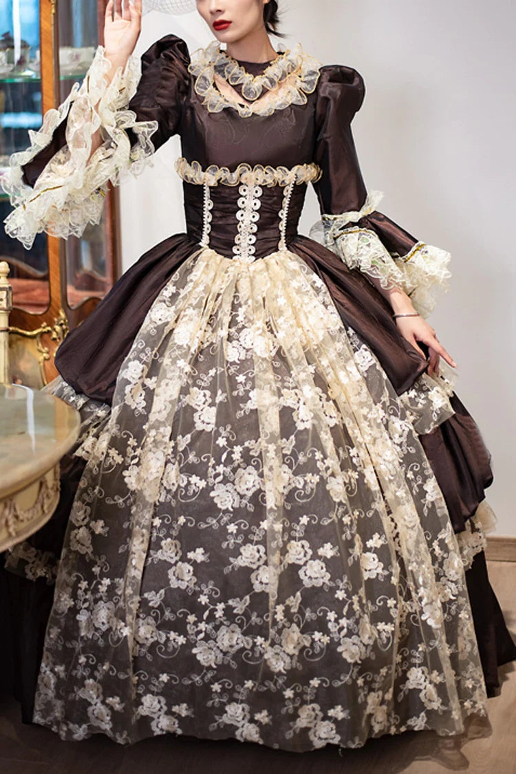 Gothic Lolita Dress - Dark Pattern Print Medieval, Brown, Long Length, Printed - main product image