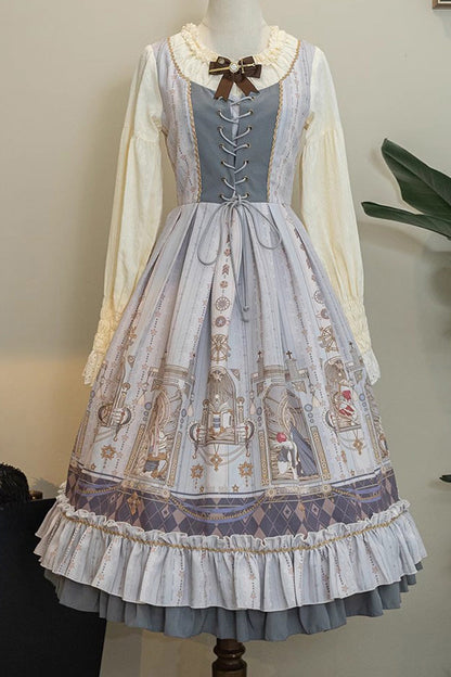 Gothic Lolita Dress - Demon Hunting Notes, 2 Colors, Ruffled, Printed, Long Sleeves - additional product view 3