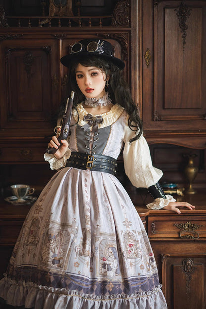 Gothic Lolita Dress - Demon Hunting Notes, 2 Colors, Ruffled, Printed, Long Sleeves - additional product view 12