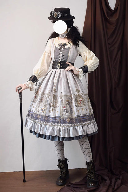 Gothic Lolita Dress - Demon Hunting Notes, 2 Colors, Ruffled, Printed, Long Sleeves - main product image