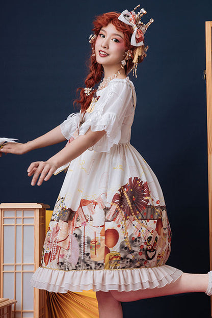 Gothic Lolita Dress - Demon Mask Print, White, High Waist, Printed, Sweet Style - additional product view 2