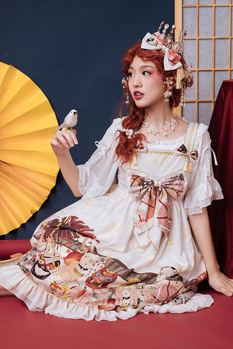 Gothic Lolita Dress - Demon Mask Print, White, High Waist, Printed, Sweet Style - additional product view 3
