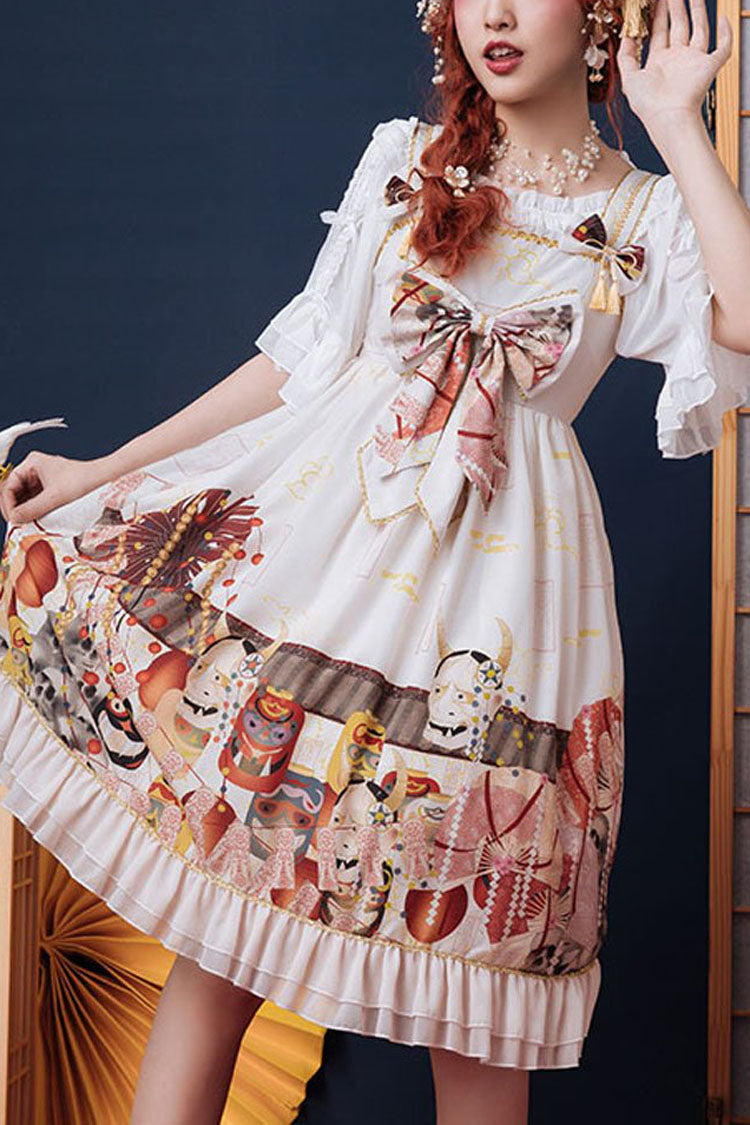 Gothic Lolita Dress - Demon Mask Print, White, High Waist, Printed, Sweet Style - main product image