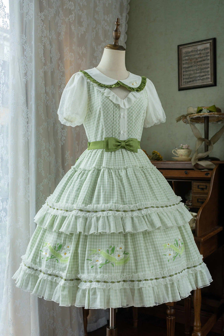 Gothic Lolita Dress - Doll Collar, Green, Plaid, Ruffled, Printed - additional product view 2