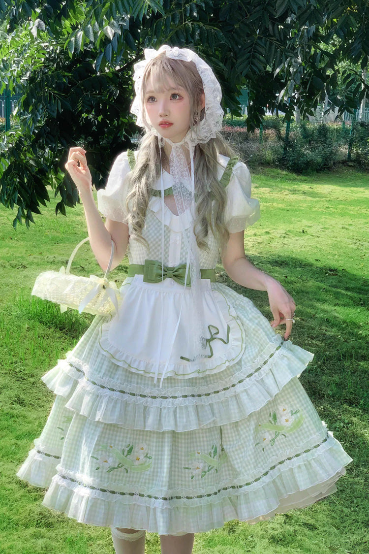 Gothic Lolita Dress - Doll Collar, Green, Plaid, Ruffled, Printed - additional product view 3