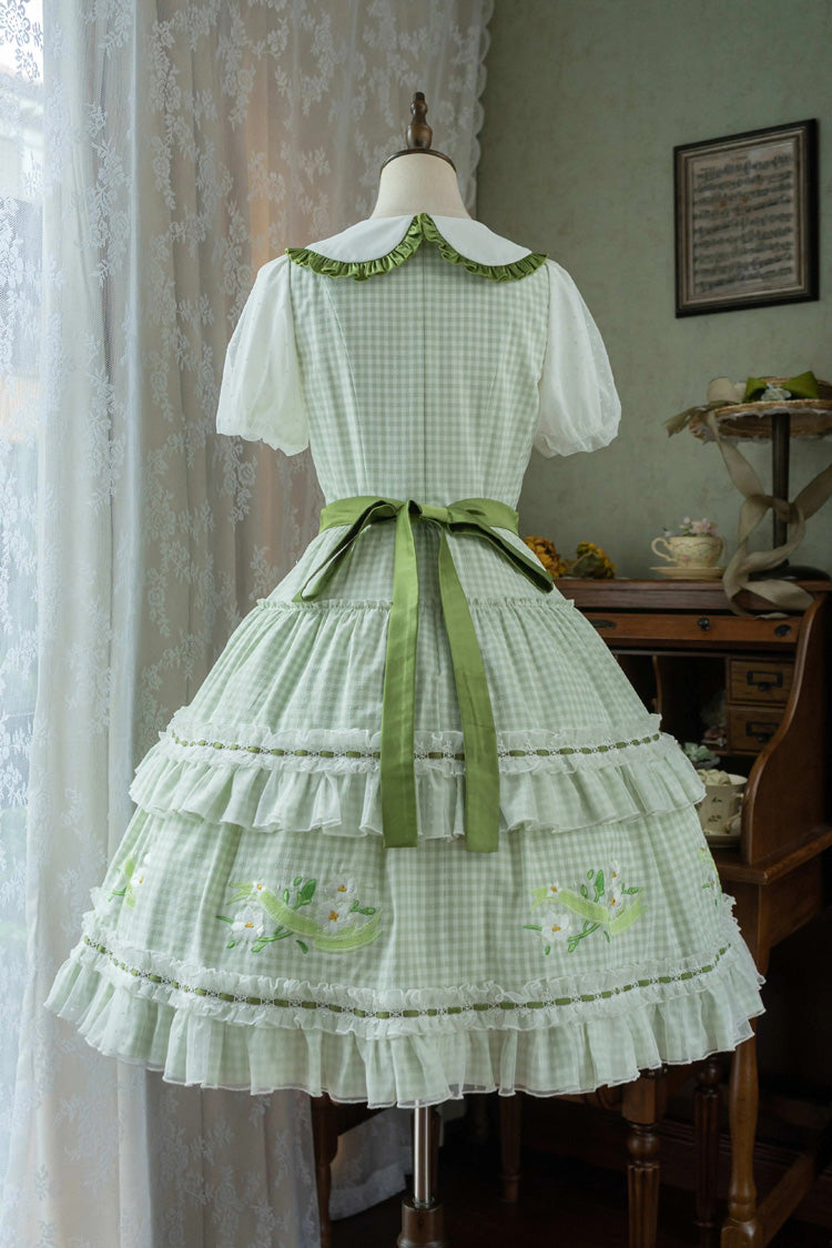 Gothic Lolita Dress - Doll Collar, Green, Plaid, Ruffled, Printed - additional product view 5