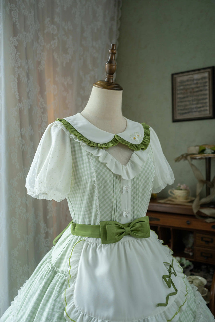 Gothic Lolita Dress - Doll Collar, Green, Plaid, Ruffled, Printed - additional product view 6