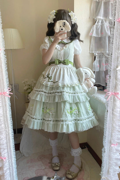 Gothic Lolita Dress - Doll Collar, Green, Plaid, Ruffled, Printed - additional product view 7