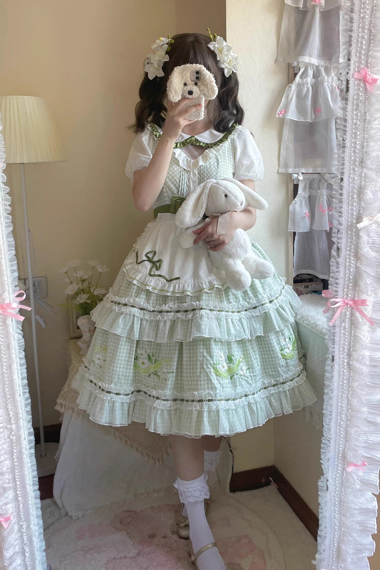 Gothic Lolita Dress - Doll Collar, Green, Plaid, Ruffled, Printed - additional product view 8
