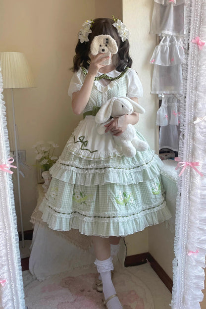 Gothic Lolita Dress - Doll Collar, Green, Plaid, Ruffled, Printed - additional product view 8
