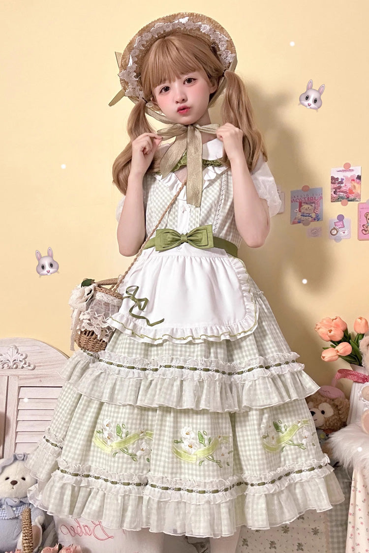 Gothic Lolita Dress - Doll Collar, Green, Plaid, Ruffled, Printed - additional product view 9