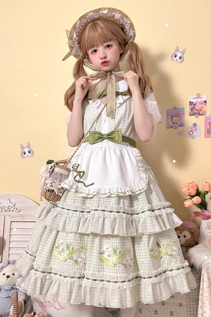 Gothic Lolita Dress - Doll Collar, Green, Plaid, Ruffled, Printed - additional product view 9