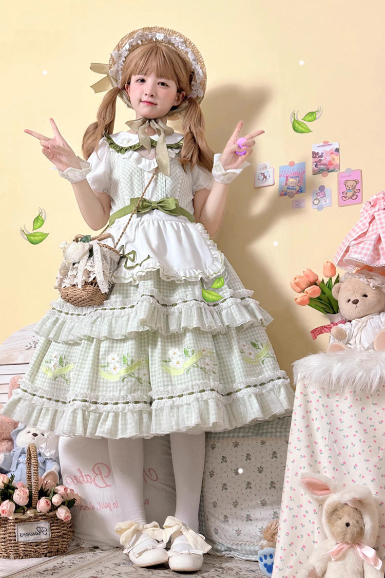 Gothic Lolita Dress - Doll Collar, Green, Plaid, Ruffled, Printed - additional product view 10