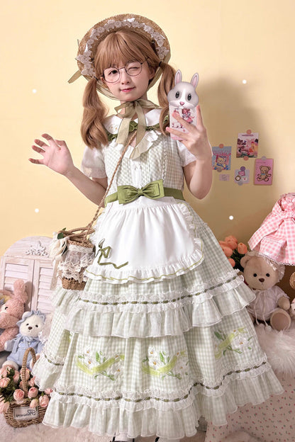 Gothic Lolita Dress - Doll Collar, Green, Plaid, Ruffled, Printed - additional product view 11