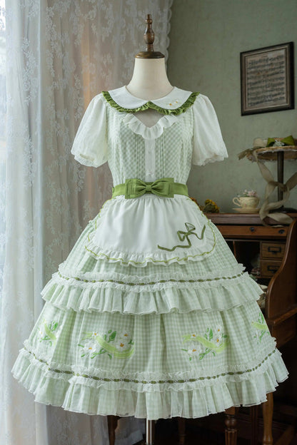 Gothic Lolita Dress - Doll Collar, Green, Plaid, Ruffled, Printed - main product image