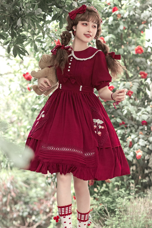 Gothic Lolita Dress - Doll Collar Lantern Sleeves, Red, Embroidered, Sweet Style, Ruffled - additional product view 2
