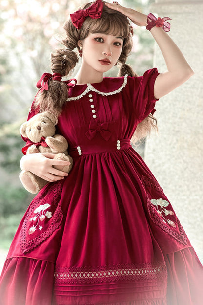 Gothic Lolita Dress - Doll Collar Lantern Sleeves, Red, Embroidered, Sweet Style, Ruffled - additional product view 3