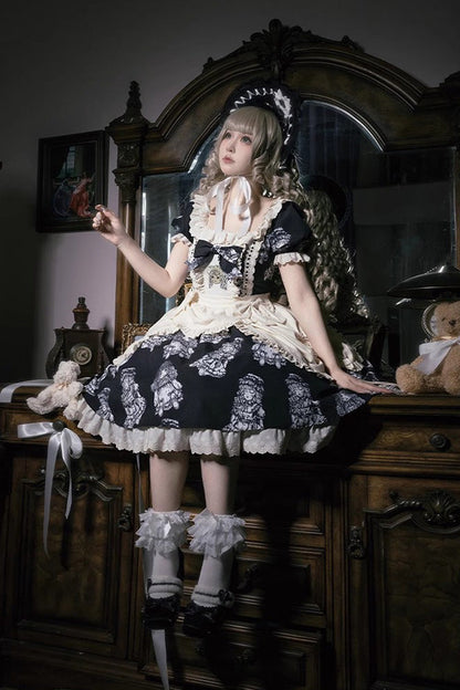 Gothic Lolita Dress - Doll Night, 2 Colors, Ruffled, Printed, Embroidered - additional product view 2