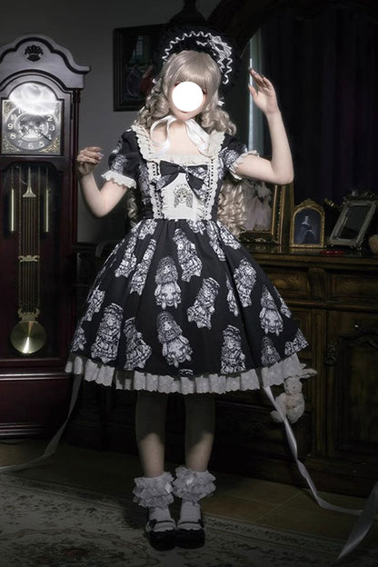 Gothic Lolita Dress - Doll Night, 2 Colors, Ruffled, Printed, Embroidered - main product image