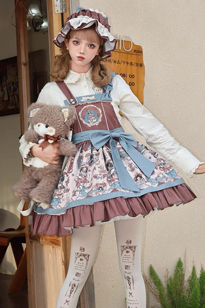 Gothic Lolita Dress - Doll Print, Brown, Bow Detail, Ruffled, Printed - main product image