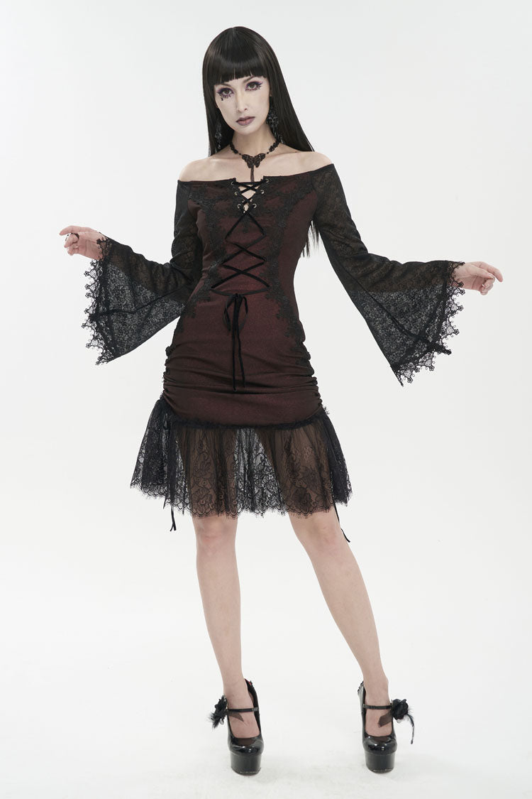 Gothic Lolita Dress - Elastic Texture One-shoulder Hem, Red, Zipper Detail, Women's Style - additional product view 3