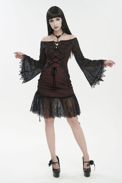 Gothic Lolita Dress - Elastic Texture One-shoulder Hem, Red, Zipper Detail, Women's Style - additional product view 3