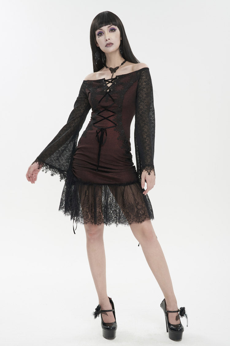 Gothic Lolita Dress - Elastic Texture One-shoulder Hem, Red, Zipper Detail, Women's Style - additional product view 4