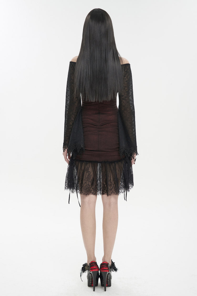 Gothic Lolita Dress - Elastic Texture One-shoulder Hem, Red, Zipper Detail, Women's Style - additional product view 6