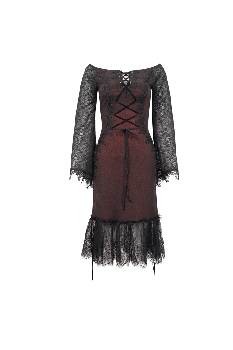 Gothic Lolita Dress - Elastic Texture One-shoulder Hem, Red, Zipper Detail, Women's Style - additional product view 7