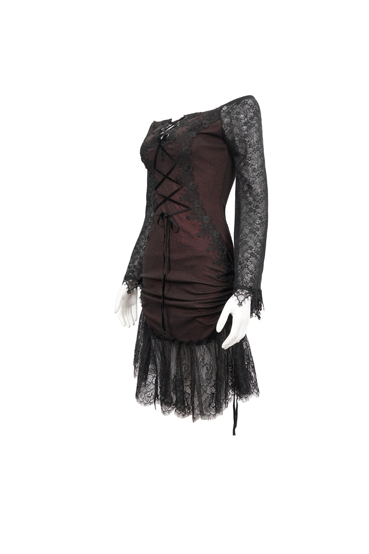 Gothic Lolita Dress - Elastic Texture One-shoulder Hem, Red, Zipper Detail, Women's Style - additional product view 8