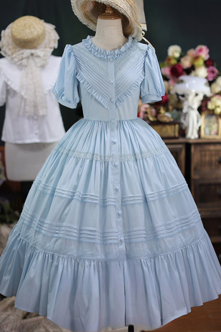 Gothic Lolita Dress - Elegant Cardigan Round Neck, 8 Colors, Ruffled, Sweet Style - S Blue / M Blue / L Blue option