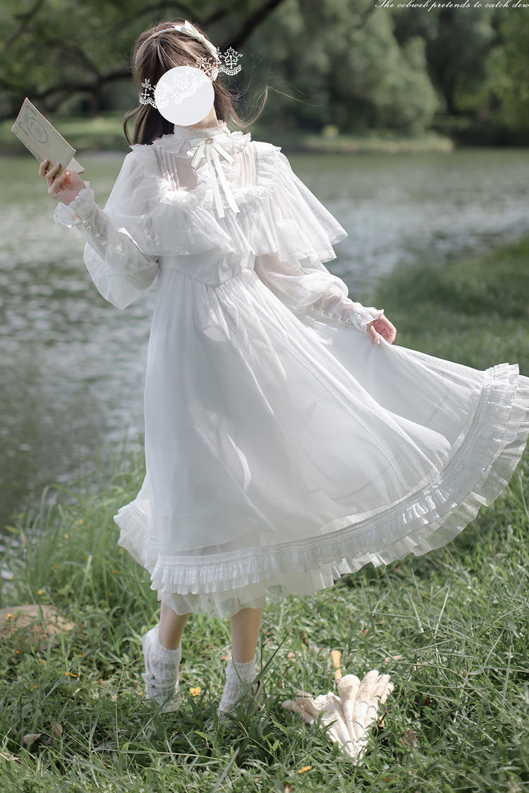 Gothic Lolita Dress - Enchanted Daydream, White, Lace Trim, Long Sleeves, Sweet Style - main product image