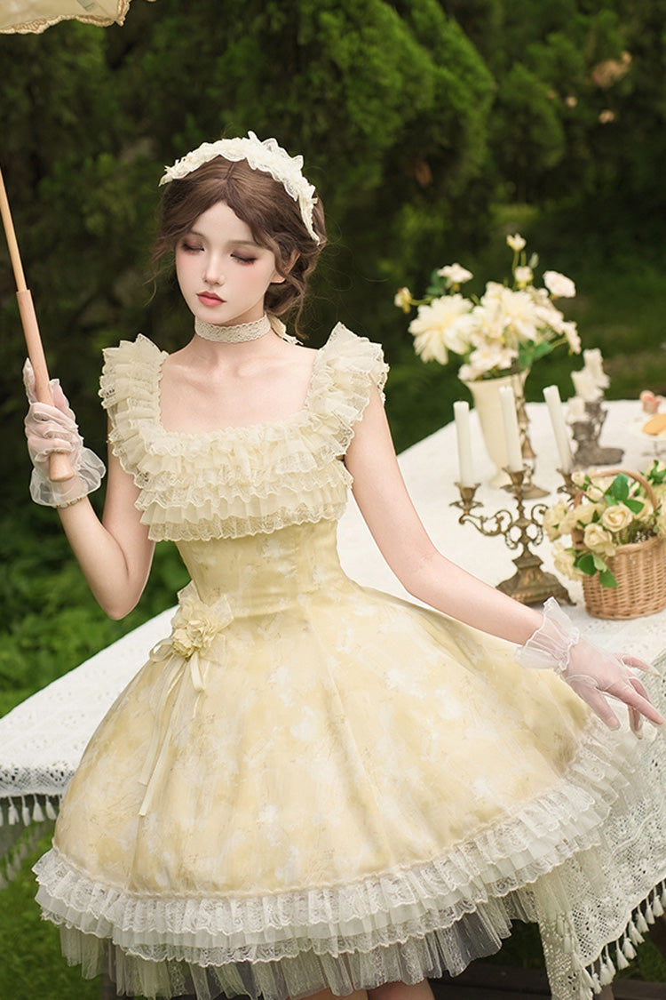 Gothic Lolita Dress - Falling Flowers As A Message, Yellow, Square Collar, Short Length - additional product view 2