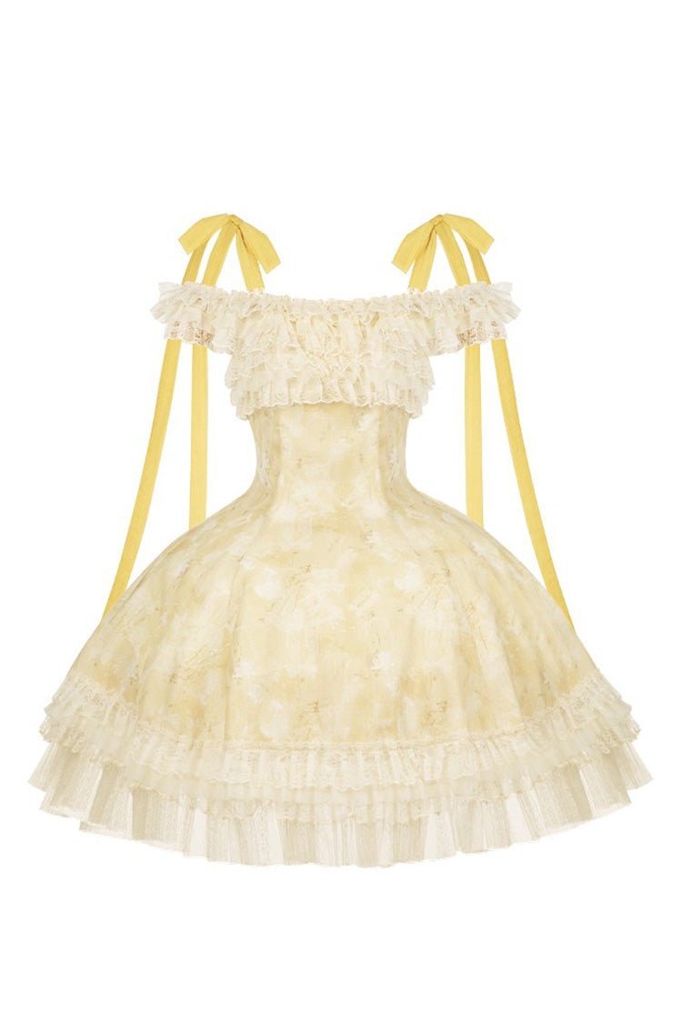 Gothic Lolita Dress - Falling Flowers As A Message, Yellow, Square Collar, Short Length - additional product view 3