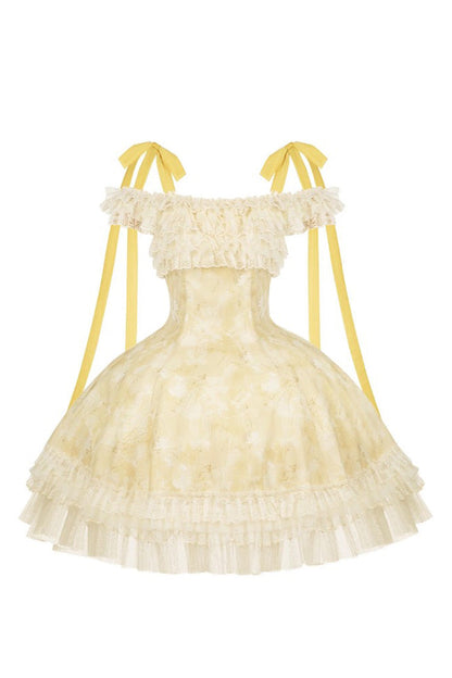 Gothic Lolita Dress - Falling Flowers As A Message, Yellow, Square Collar, Short Length - additional product view 3