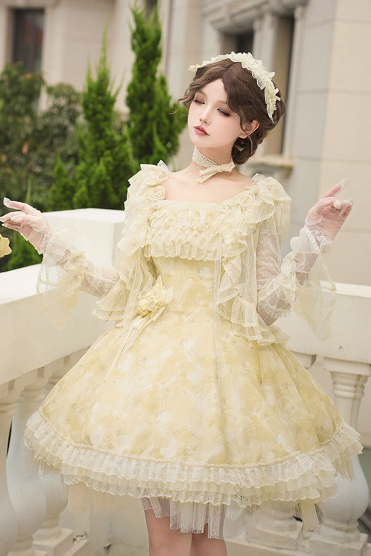 Gothic Lolita Dress - Falling Flowers As A Message, Yellow, Square Collar, Short Length - additional product view 4