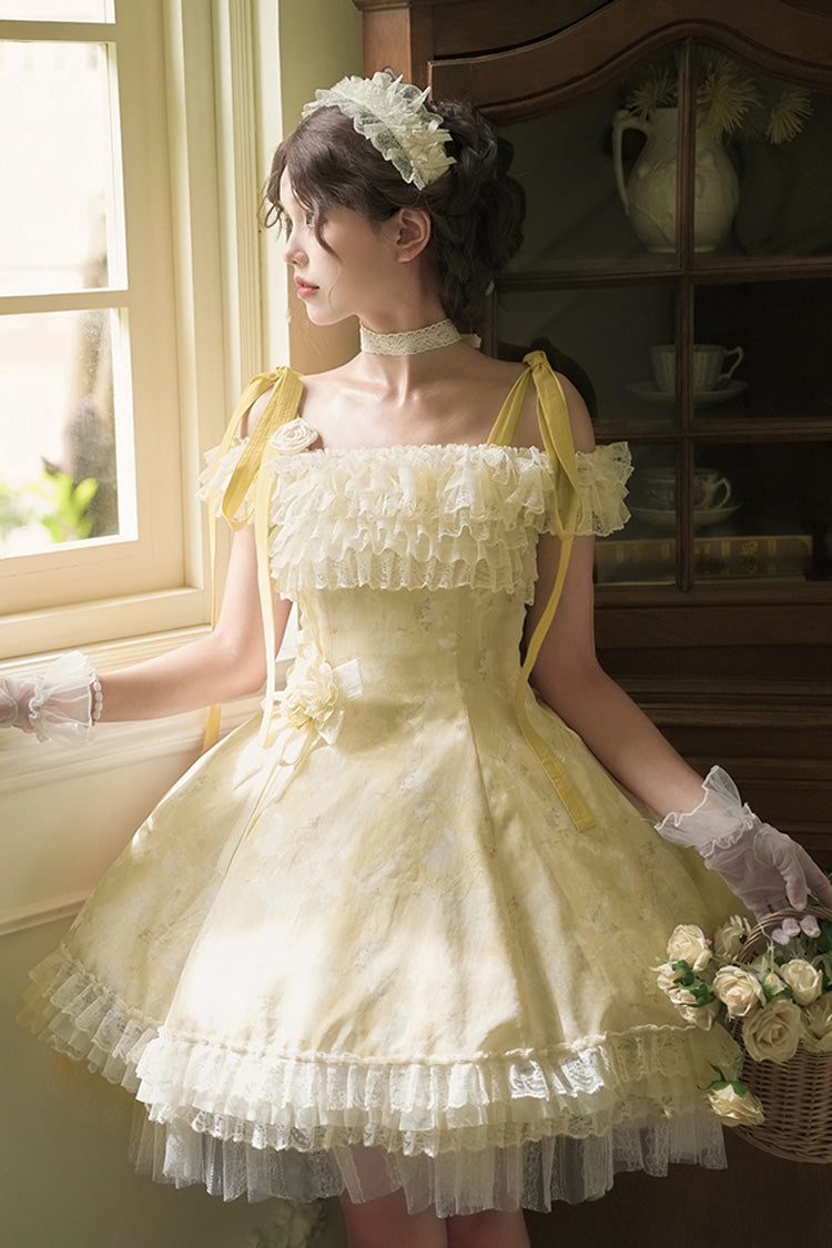 Gothic Lolita Dress - Falling Flowers As A Message, Yellow, Square Collar, Short Length - additional product view 5