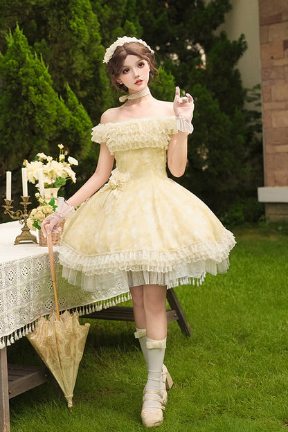 Gothic Lolita Dress - Falling Flowers As A Message, Yellow, Square Collar, Short Length - additional product view 6