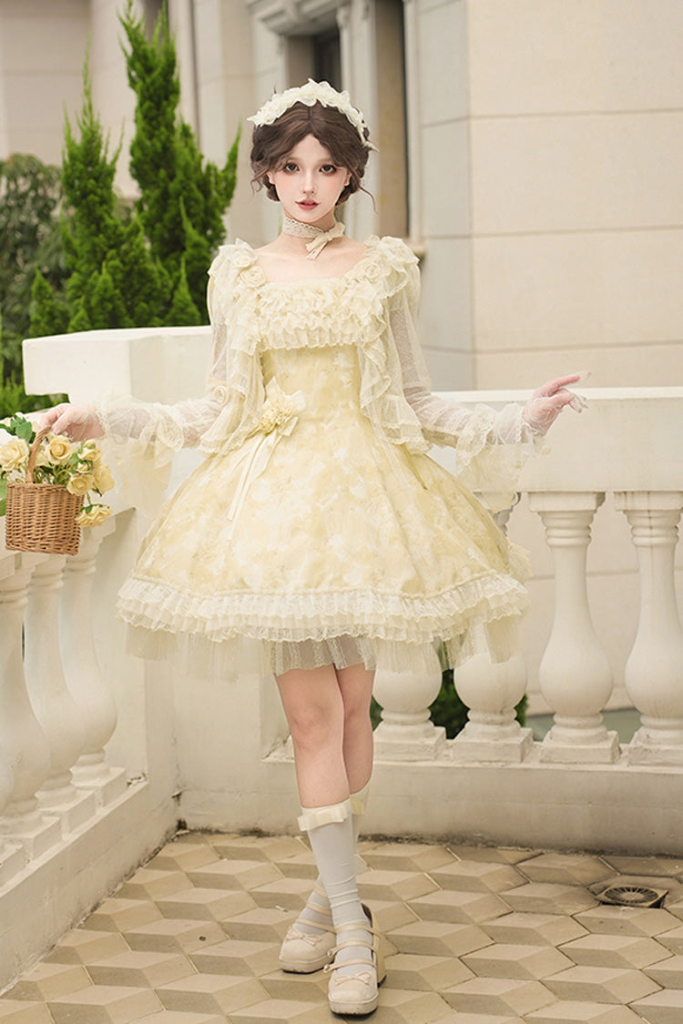 Gothic Lolita Dress - Falling Flowers As A Message, Yellow, Square Collar, Short Length - additional product view 7