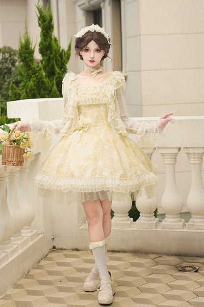 Gothic Lolita Dress - Falling Flowers As A Message, Yellow, Square Collar, Short Length - additional product view 7