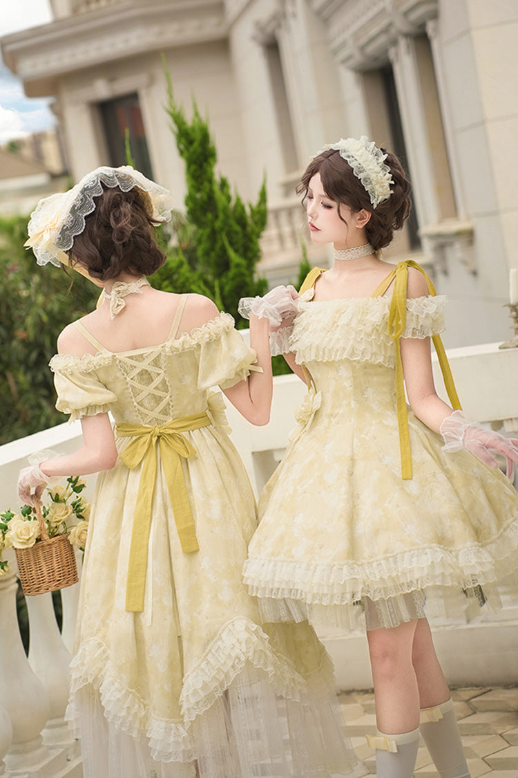 Gothic Lolita Dress - Falling Flowers As A Message, Yellow, Square Collar, Short Length - additional product view 9