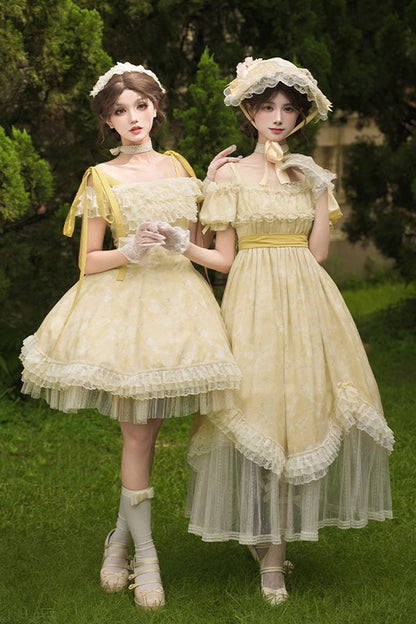 Gothic Lolita Dress - Falling Flowers As A Message, Yellow, Square Collar, Short Length - additional product view 10