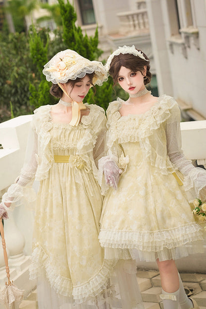 Gothic Lolita Dress - Falling Flowers As A Message, Yellow, Square Collar, Short Length - additional product view 11