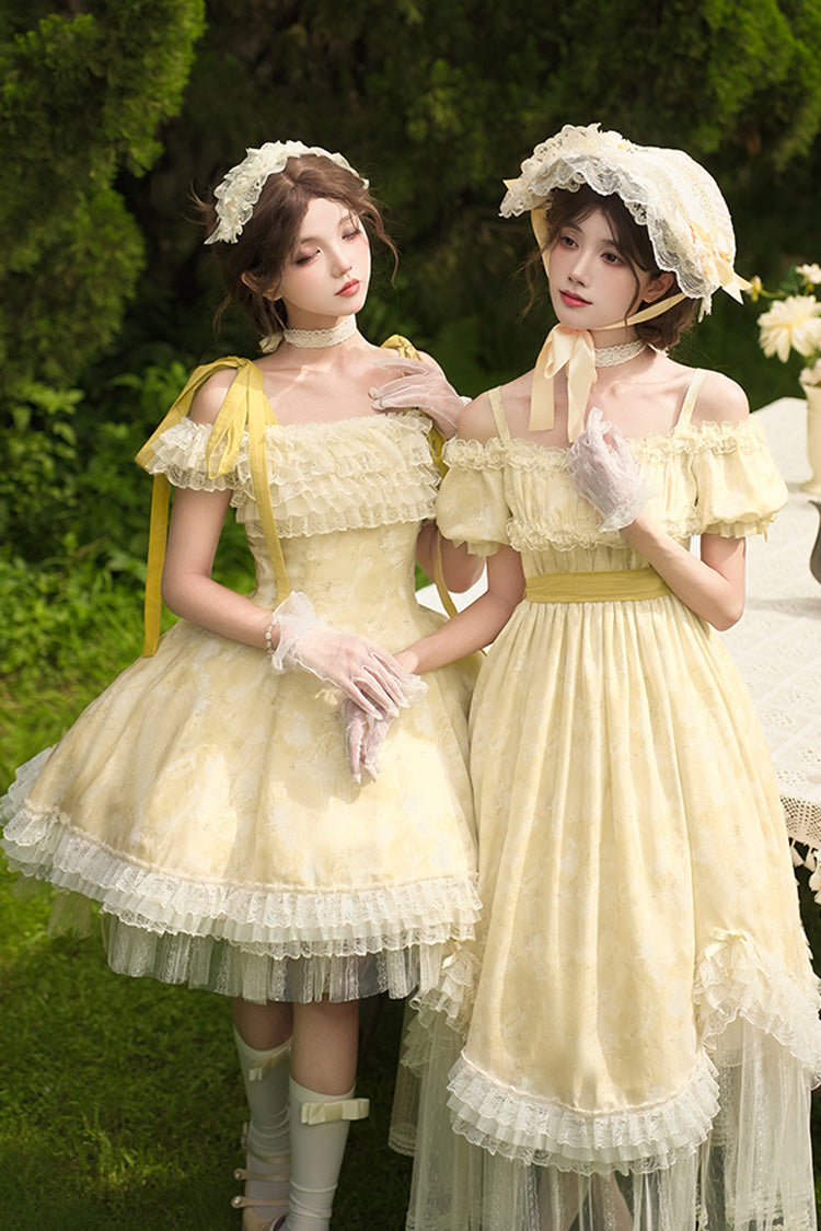 Gothic Lolita Dress - Falling Flowers As A Message, Yellow, Square Collar, Short Length - additional product view 12