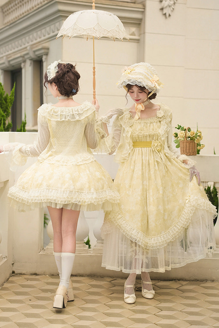 Gothic Lolita Dress - Falling Flowers As A Message, Yellow, Square Collar, Short Length - additional product view 13