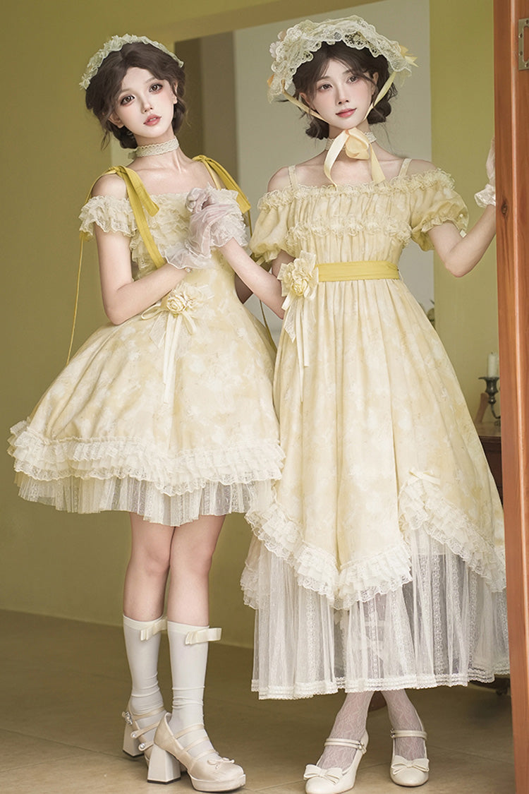 Gothic Lolita Dress - Falling Flowers As A Message, Yellow, Square Collar, Short Length - additional product view 14