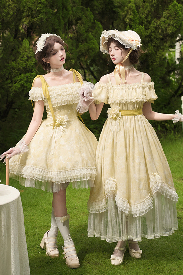 Gothic Lolita Dress - Falling Flowers As A Message, Yellow, Square Collar, Short Length - additional product view 15
