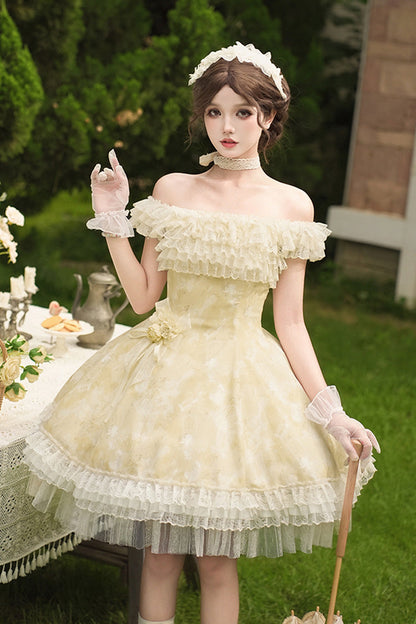 Gothic Lolita Dress - Falling Flowers As A Message, Yellow, Square Collar, Short Length - main product image